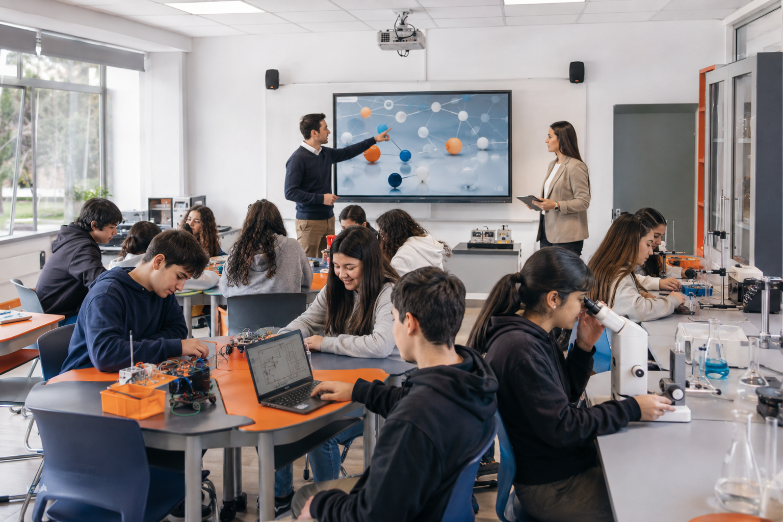 Estudiantes en un aula colaborativa con sistemas audiovisuales y equipamiento de laboratorio
